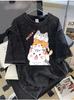 Vintage Washed Cotton TShirt Women Cute Cats Graphic Tee Retro Acid Wash Short Sleeve Top Japanese Style Streetwear TShirt
