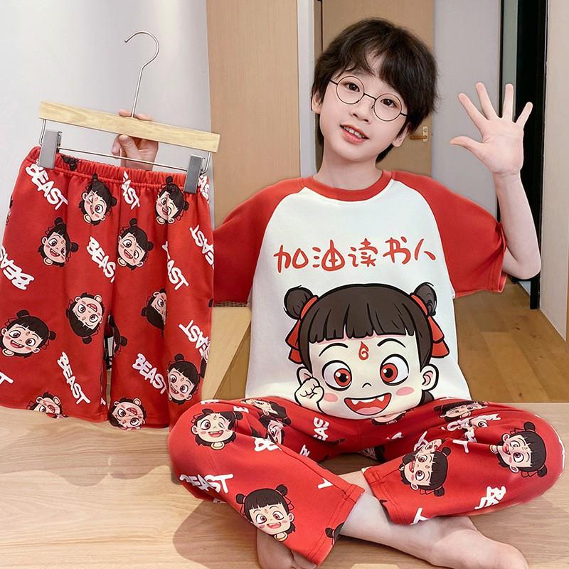 Cotton 3-Piece Pajama Set Boys Lightweight Short Sleeve Sleepwear Cartoon Print Home Wear Ages 8