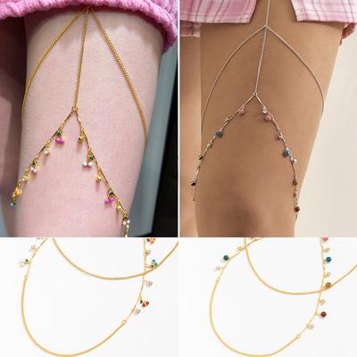 Accessoires, Vielseitiges elastisches Beinornament mit doppelter Kette, Farbiger Frucht-Kirsch-Quastenanhänger Oberschenkelkette