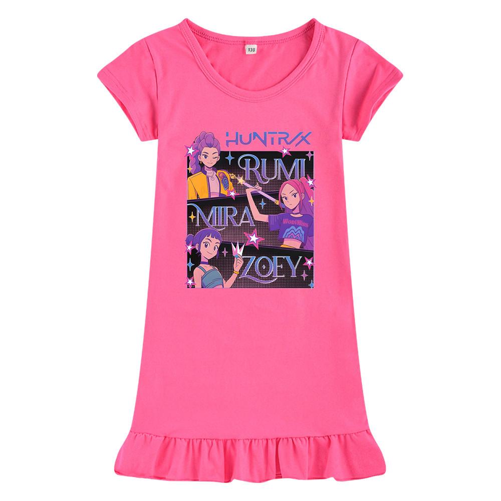 M1225 Kids Girls Kpop Rumi Zoey Mira Print Short Sleeves Ruffle Dress