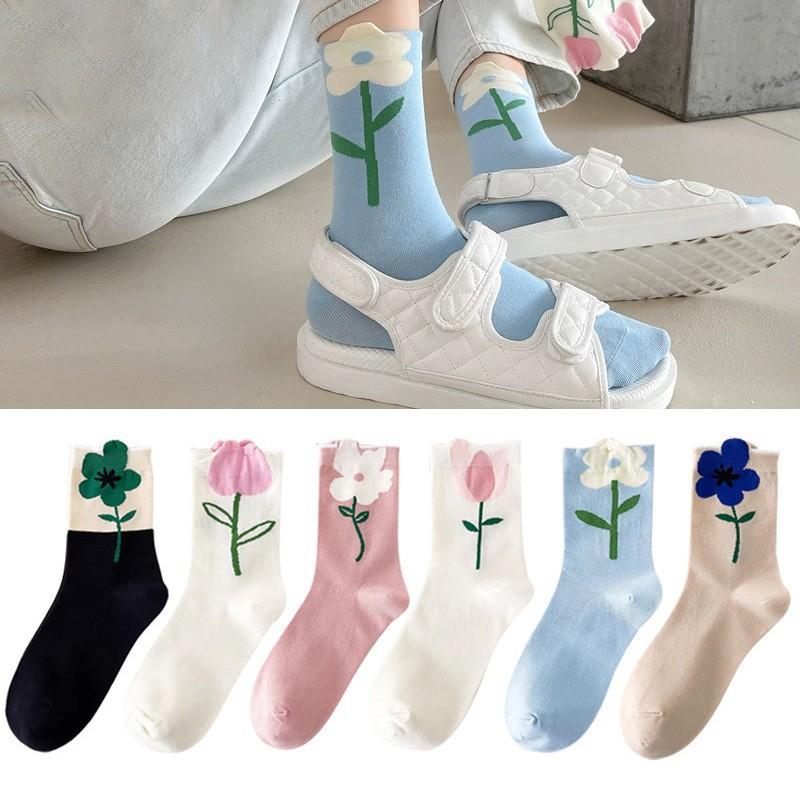 6 Pairs Women Socks Flower Japanese Korean Style Mid Tube Socks Floral Candy Vintage Novelty Casual Breathable Kawaii Cute Socks