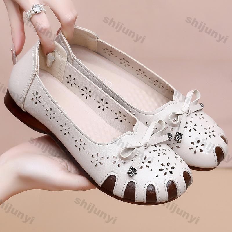 Fashion Women's Sandals 2025 Summer New Hollow Breathable Soft Sole Non Slip Casual Shoes Lightweight Comfortable Fashion Bow-knot Flats