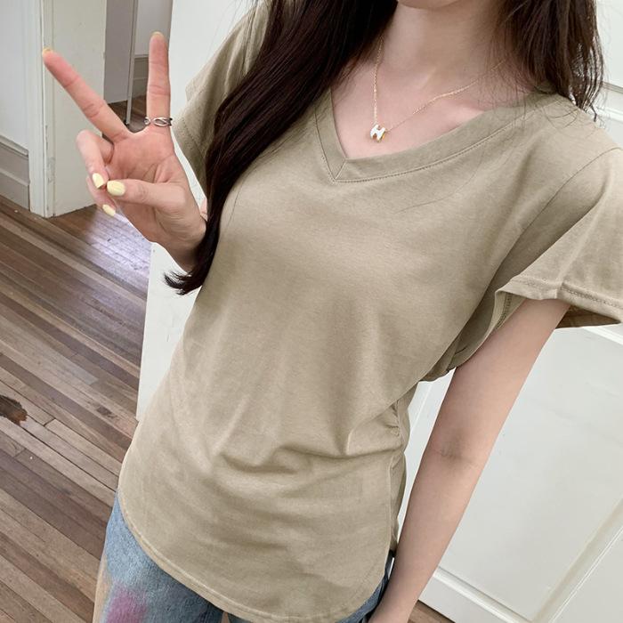 

Irregular waist short-sleeved T-shirt women s front shoulder design sense niche temperament chic beautiful top summer S