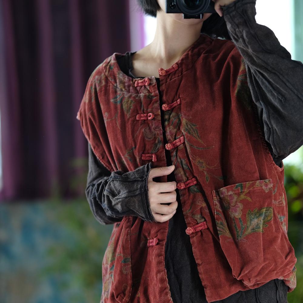 Johnature Women Coats O-Neck Sleeveless Print Floral Autumn Button Pockets Female Chinese Coats