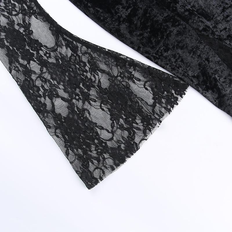 GMXIA Patchwork Dark Style Dress Sexy Slim-fit Wrap Hip Slit Lace Sleeves Feature Skirt