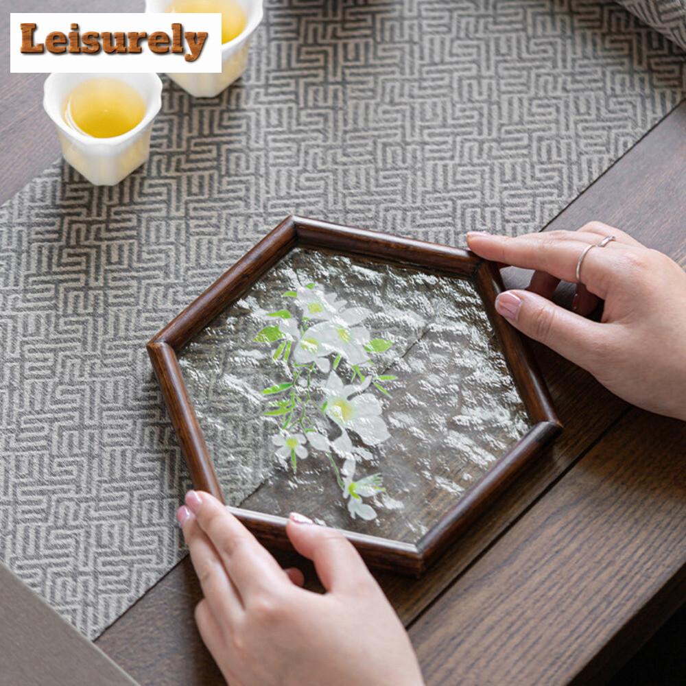 Zen Water Textured Glass Cup Coaster Walnut Wood Hexagonal Tea Tray Japanese Small Teapot Holder Household Tea Table Accessories