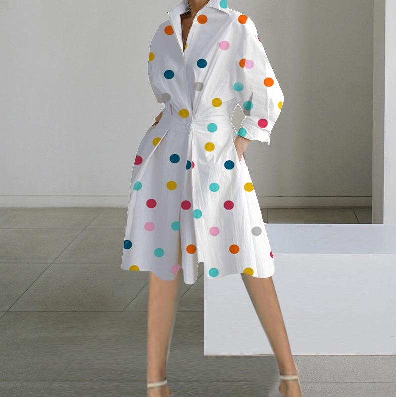 Autumn New Fashion Long-sleeved V-neck Printed Medium and Long Dress Women's Clothing