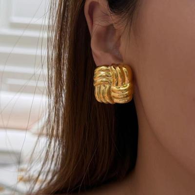 Stainless Steel Earrings Electroplated Titanium Steel Retro Embossed Earrings Square Bread Hollow Earrings