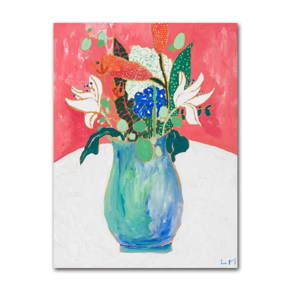 Nordic Flower Leaf Colorful Vase Art Print Wall Poster Canvas Painting Retro Picture Modern Home Decor Bedroom Decoration