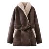 Kaslead New Women clothes Western Style Fashion Simple Two-Color Fur Integrated Trench coat Lace-up Outerwear