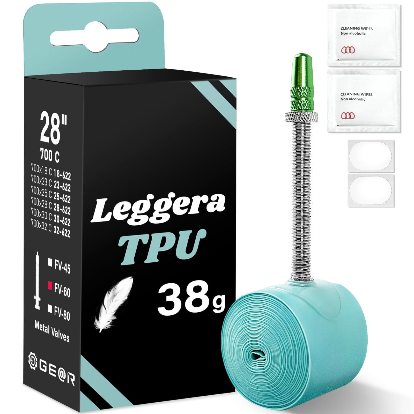 

GEARTL TPU Regera Inner 700 x for Road Aluminum Single Ultra-Lightweight Tube, 18-32C, Bikes, Valves, Presta, 45/60/80mm (60mm Tube) мятный