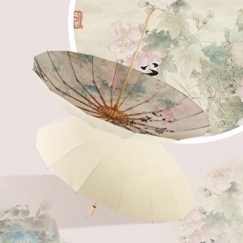 2025 new three-fold 16-bone hand open color glue antique umbrella solid wood handle sunscreen parasol