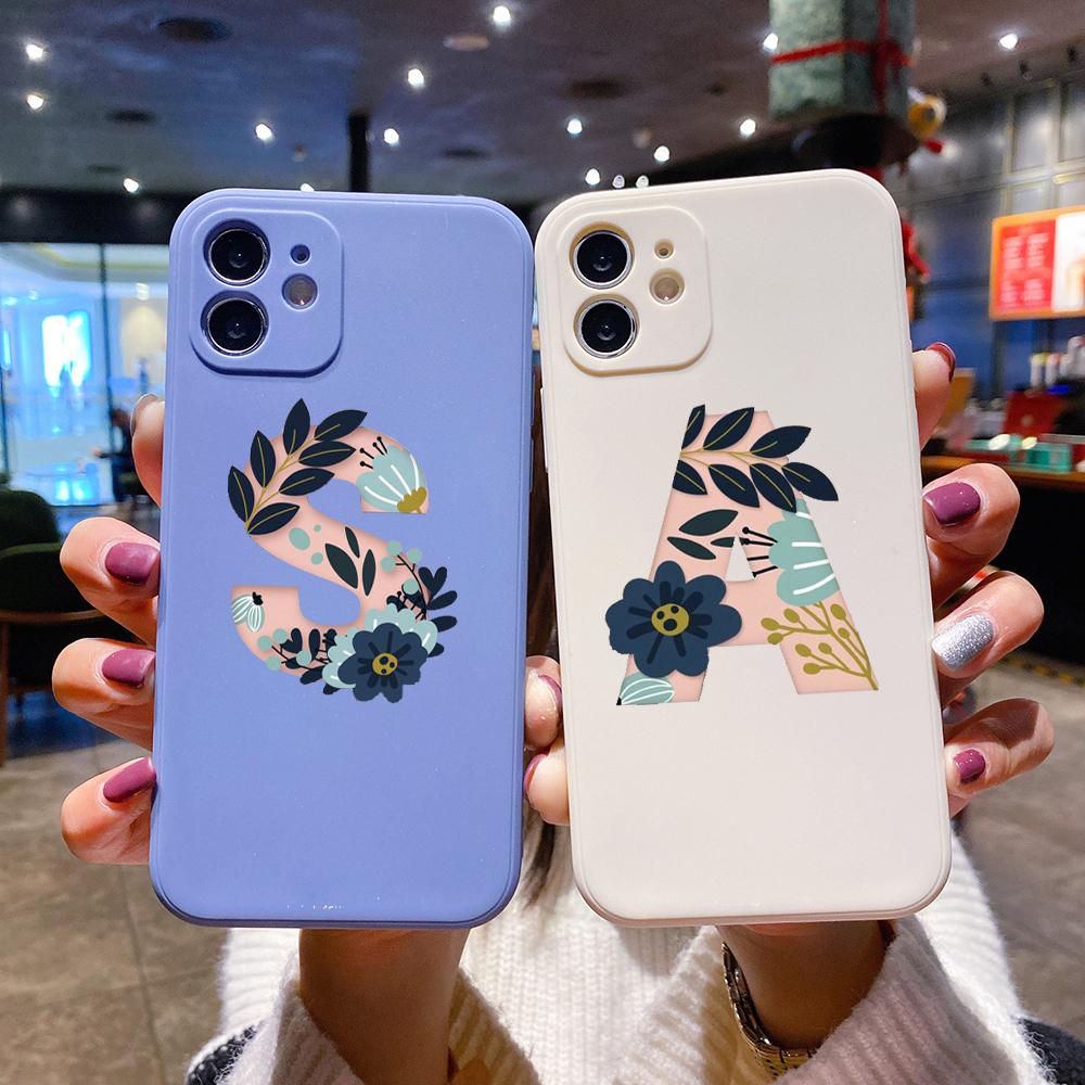 

Fashion Letter Flowers Art Square Liquid Silicone Phone Case For iPhone 14 11 12 13 Pro Max Mini X XS XR 7 8 Plus SE2 DIY Cover