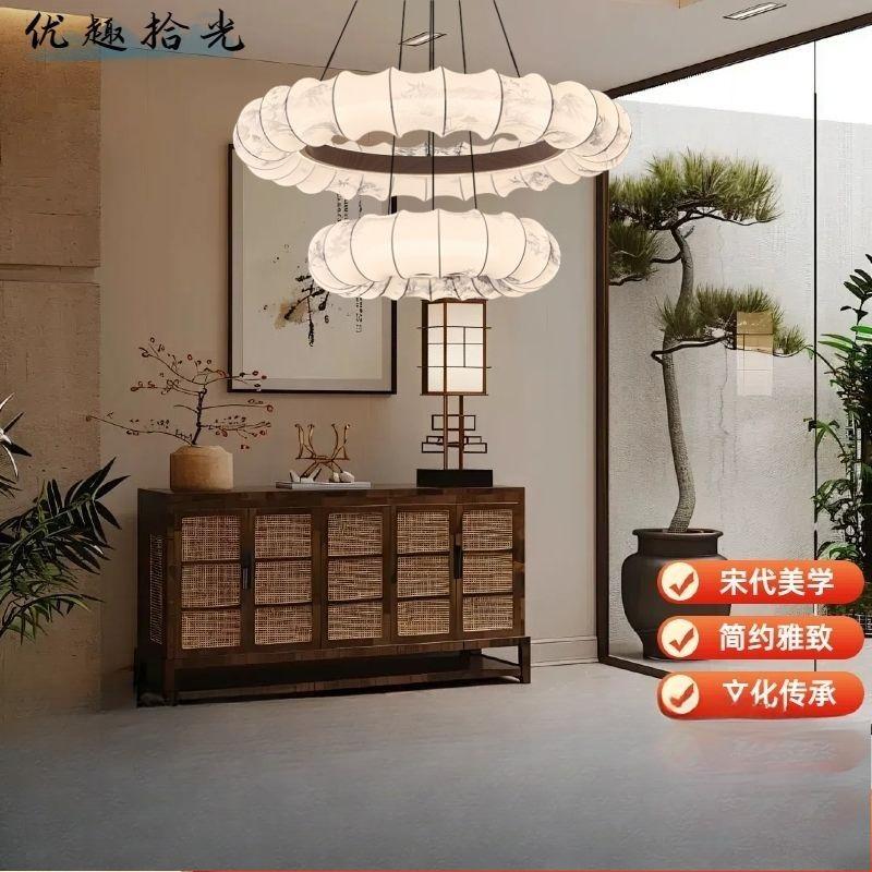 Double-layer fabric pendant lamp, retro living room main lamp, ink-wash painting,master bedroom,banquet hall,dining pendant lamp