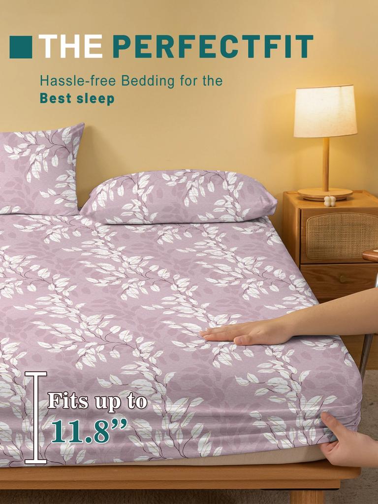 1 Simple Modern Plant Flower Leaf Printed Matte Fitted Sheet, Bedroom Printed Bed Cover, Bedding (Excluding Pillowcases)