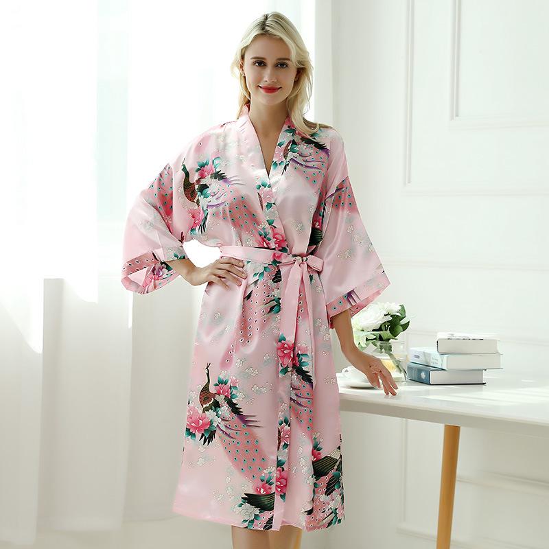 Pfauen-Satin-Imitat-Seiden-Damen-Pyjama & Langer Bademantel Set L hellrosa