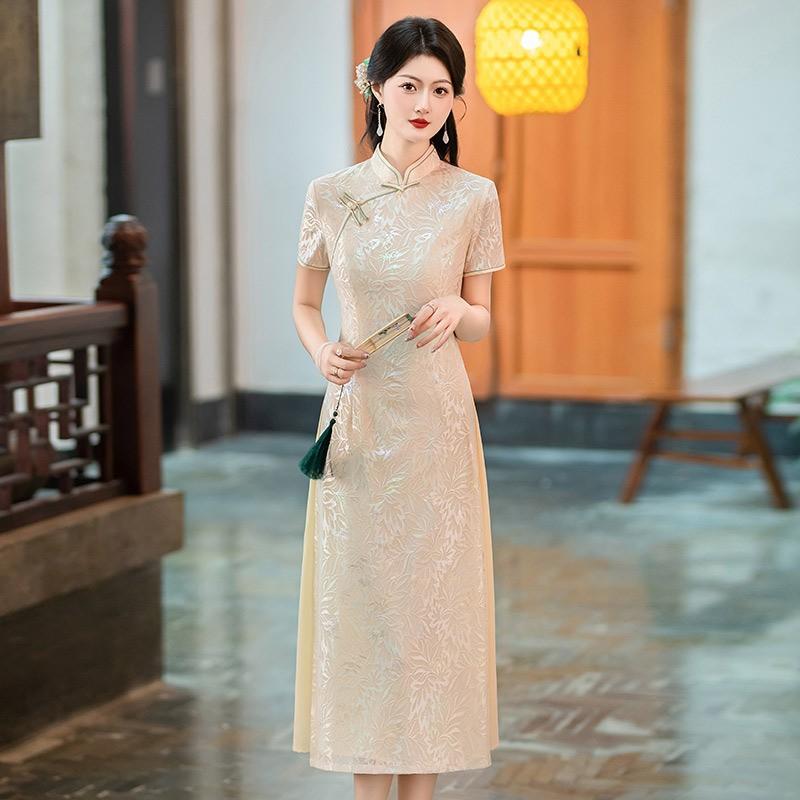 Champagne Color Dress Women Vintage Chic Short Sleeve Qipao Style Midi With Lace Trim Medium