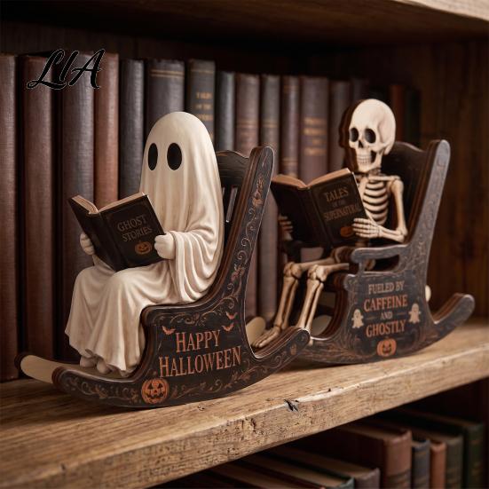Handcrafted Wooden Halloween Gift Rocking Chair Ghost/Skeleton Ornament, Desktop Decoration, Dynamic Party Table Centerpiece Spooky Ghost Figurine for