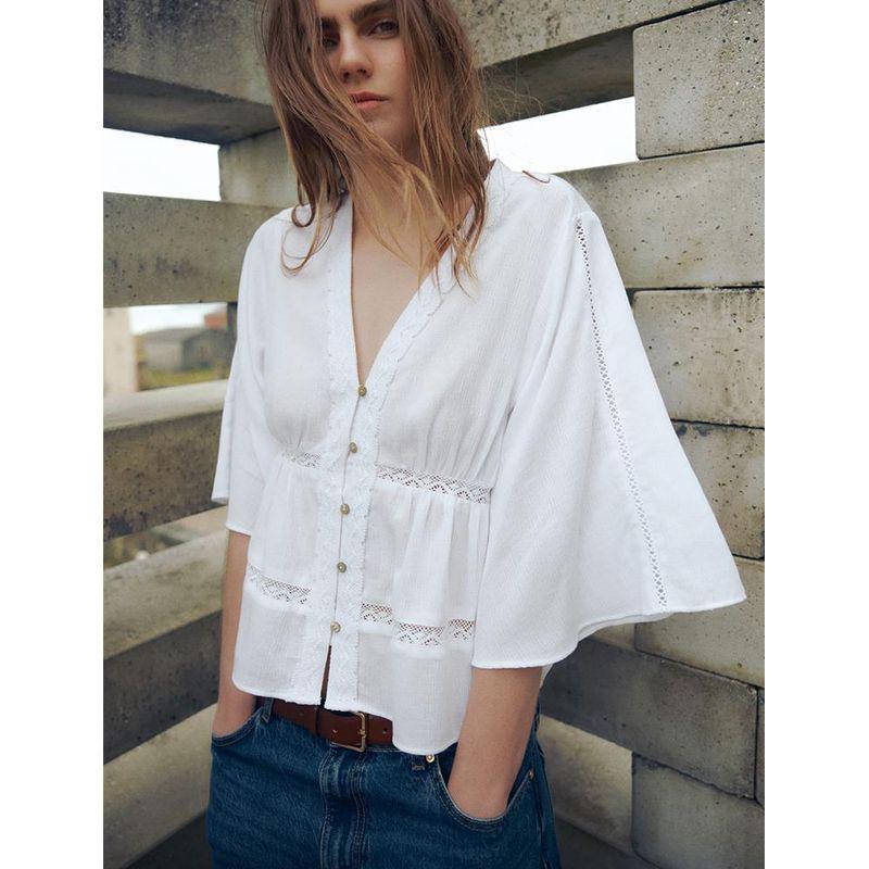 Summer New Style White Flared Sleeve Cardigan French Loose Vertical Lace V-neck Shirt 8372037