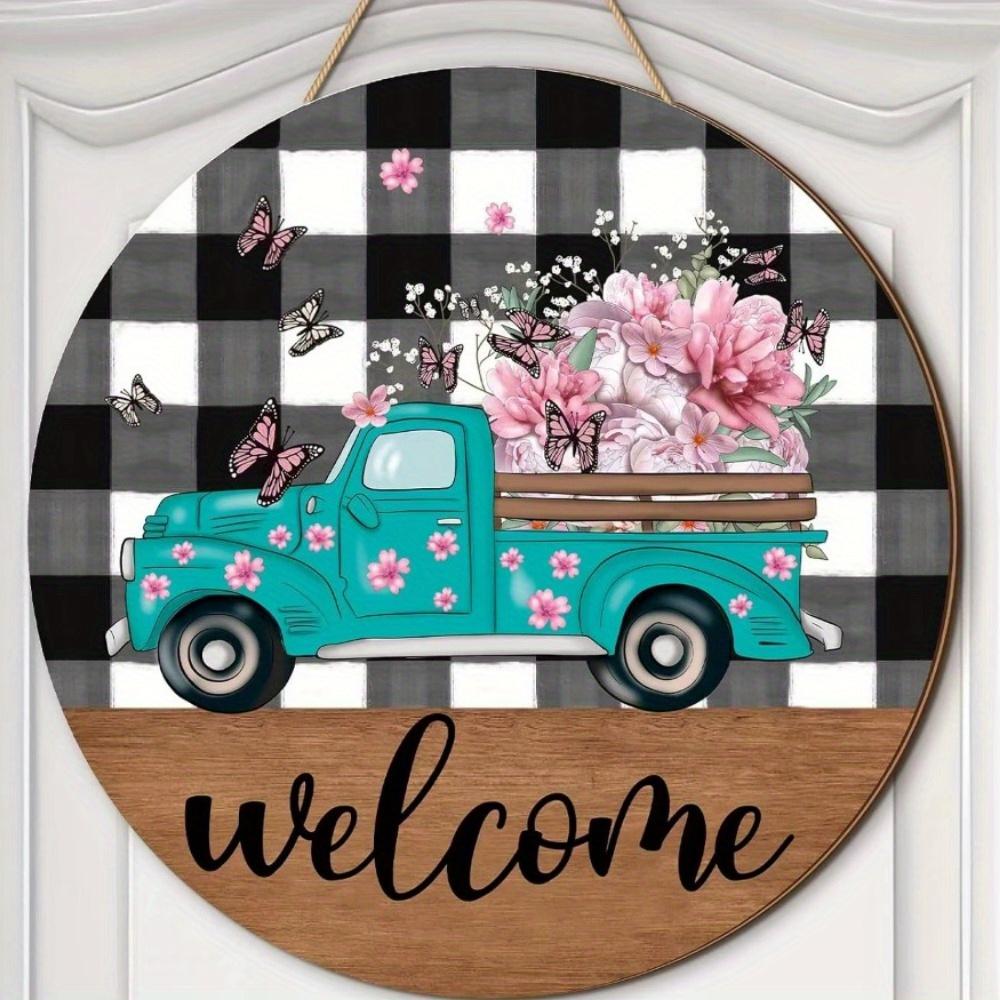 1pc 2d Flat Retro Round Wooden Sign Flower Market Flower Truck, Novel and Interesting Garage Bar Kitchen Home Family Friend Gift Wooden Sign- 20cm