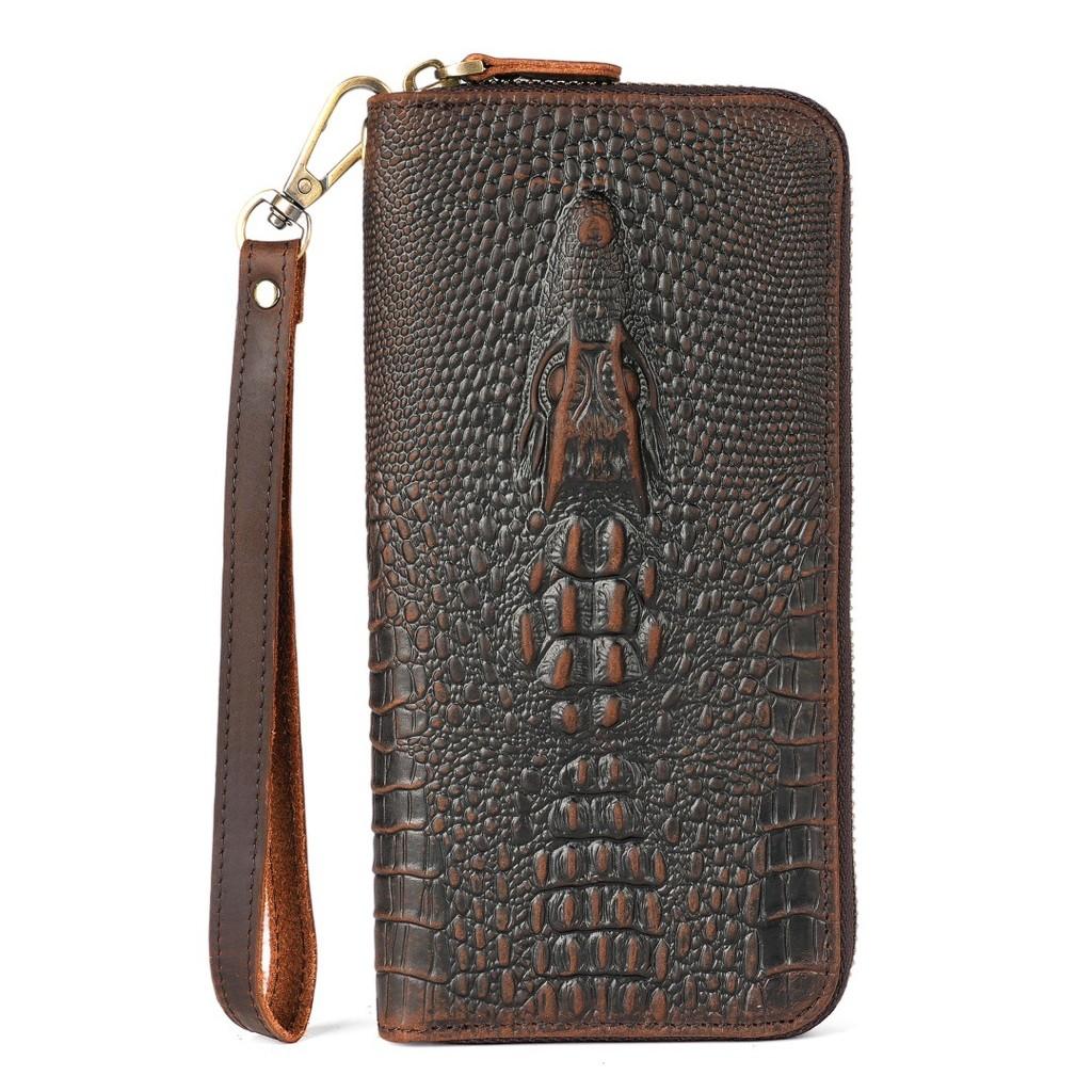 New Men's Genuine Cowhide Clutch Wallet Vintage Embossed Multi-Card Slots Wrist Strap Ready Stock Luxury Long Wallet