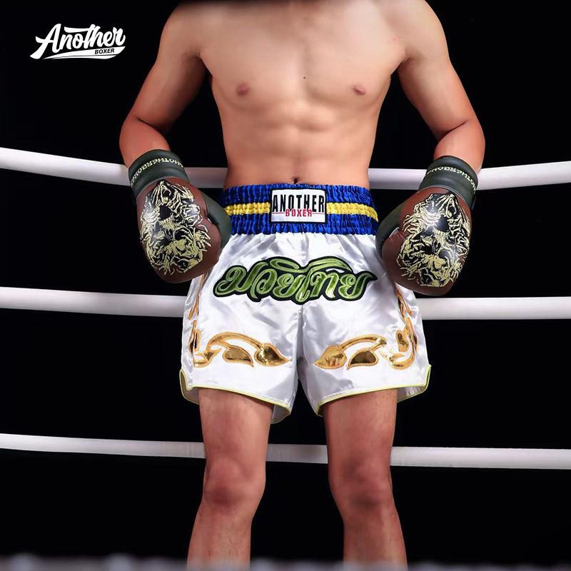 White and blue with boxing pants, Muay Thai style leather embroidered Muay Thai shorts for adults and children XS
