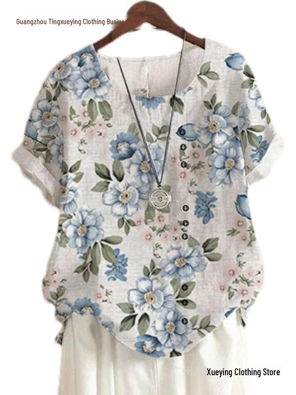 Women's Summer Retro Print Loose Cotton-Linen Short Sleeve Casual T-Shirt