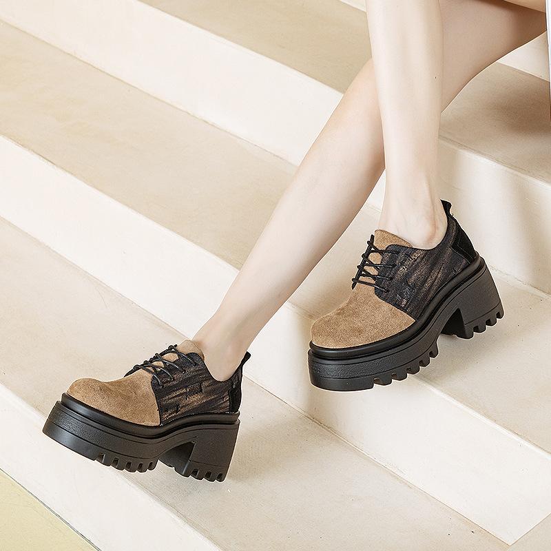 Korean Version of Derby Shoes Women's Shoes Spring 2025 New Round Head Platform Casual Shoes Women's High Heel Increased by 8.5 Cm