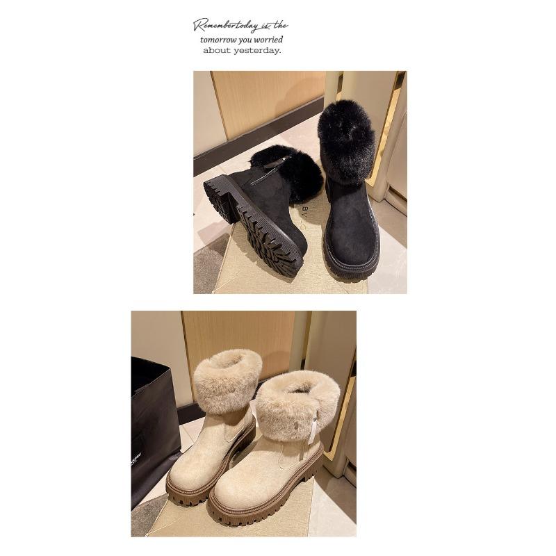 Bottes de neige à bouche poilue pour femmes, tube court, semelle épaisse, bout rond, fermeture éclair latérale et chaussures en coton chaud en peluche