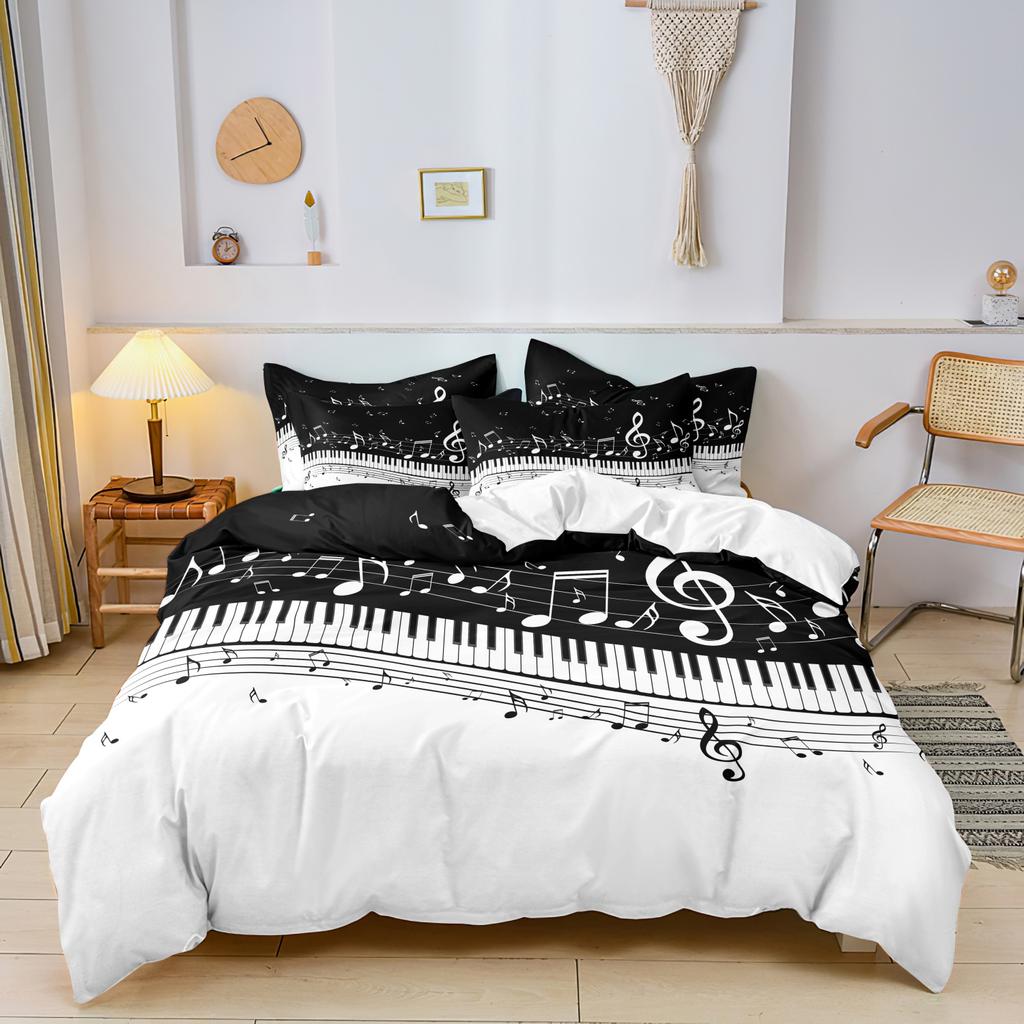 3pcs Piano Keys & Musical Notes Duvet Bedding Set, Black White Music Print Duvet Cover,Suitable Family Bedrooms And Dormitories