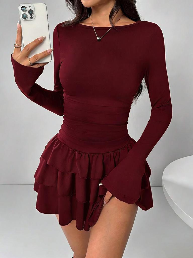 Temperament Dresses Woman Mini vestidos Simple Style Elegant French Bodycon Slim Pleated Fashion Long Sleeve Commuting Sexy