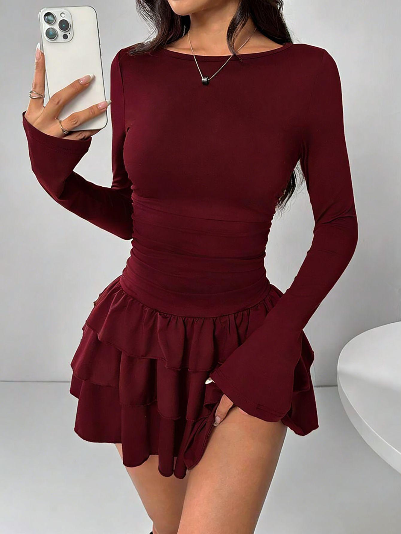 Temperament Dresses Woman Mini vestidos Simple Style Elegant French Bodycon Slim Pleated Fashion Long Sleeve Commuting Sexy XS бордовый