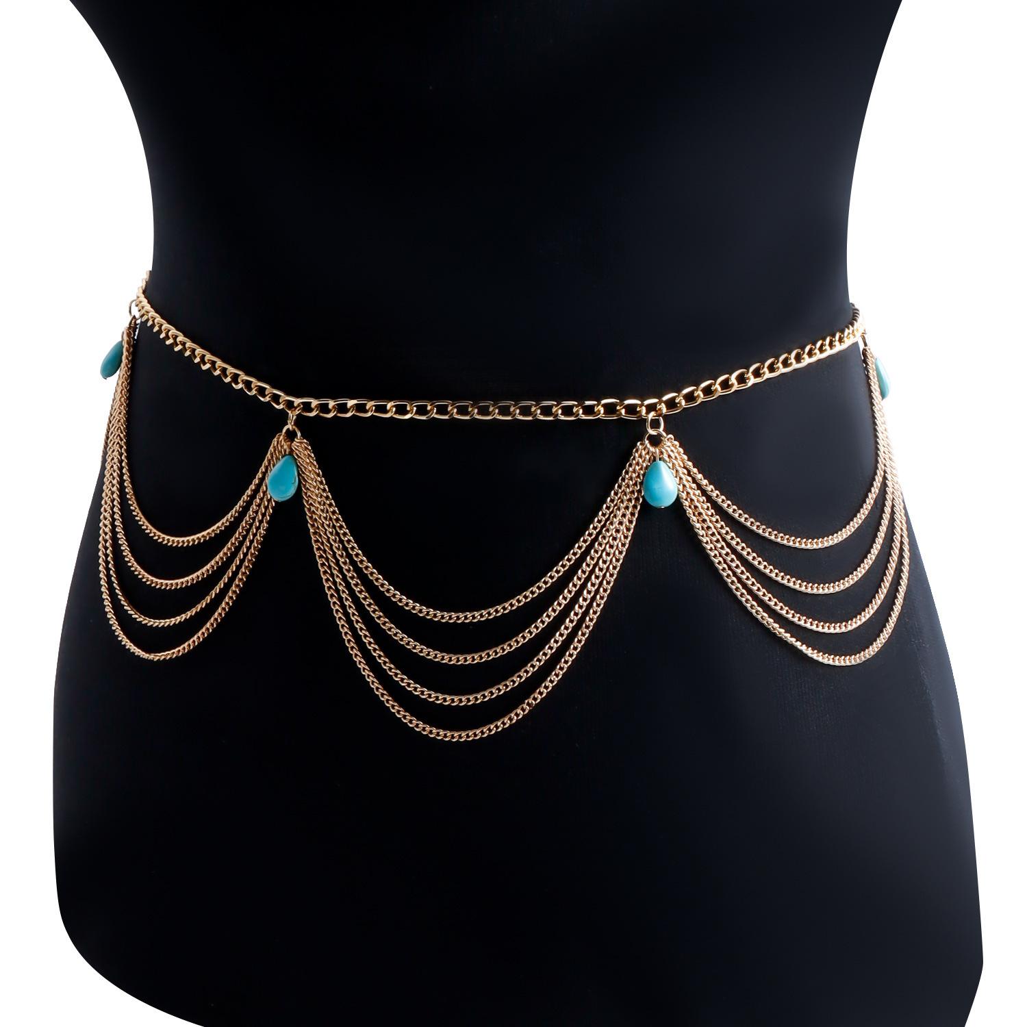 

Bohemian retro turquoise waist chain for women, personalized versatile fringed body chain accessories, European and American jewelry золотий