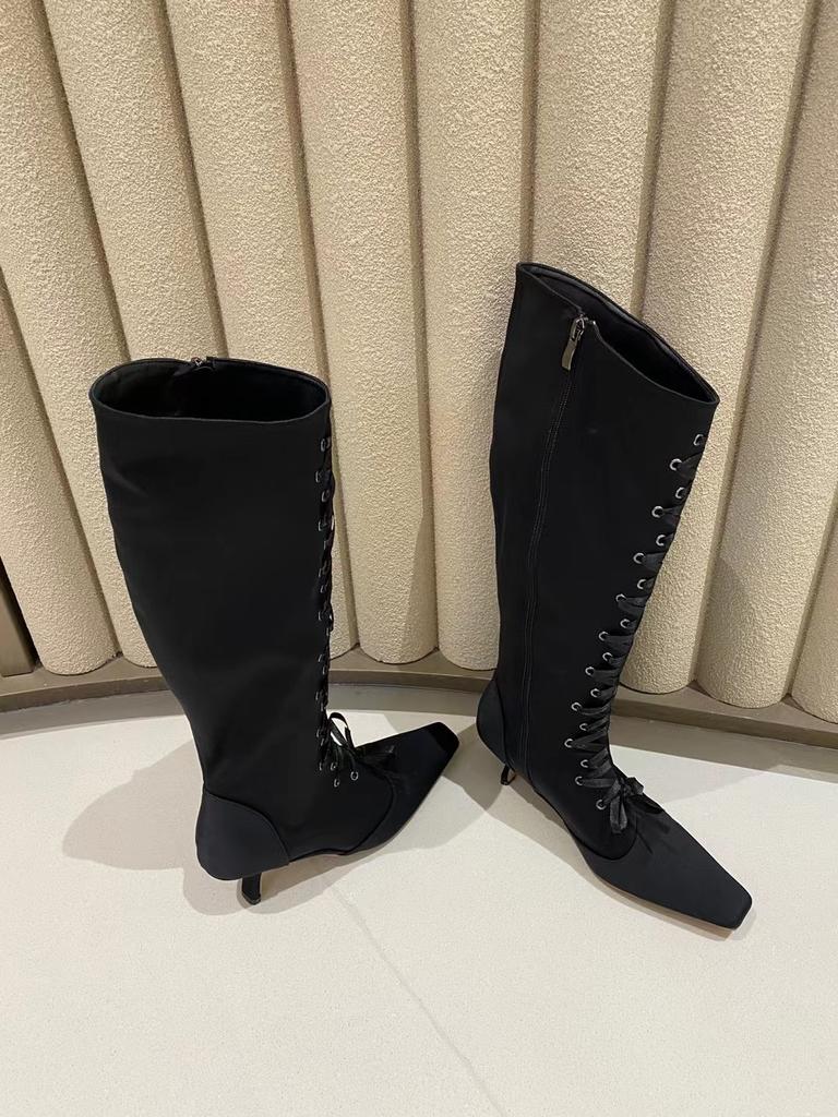 Mote Smal Firkantet Tå Dame Knehøye Støvletter Kryssreim Snøring Glidelås i Siden Svarte Brune Tynne Høye Hæler 2024 Nyheter Mote
