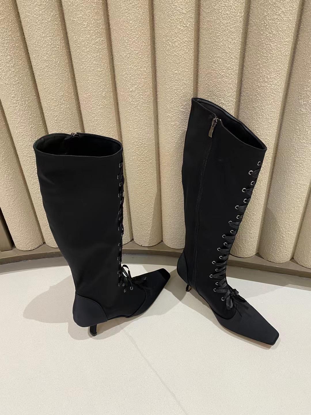 

мода Маленькие квадратные носки женские сапоги до колена с перекрестными ремешками и шнуровкой сбоку с молнией черного и коричневого цвета на тонком высоком каблуке 2024 Новые поступления Мода 7 чёрный
