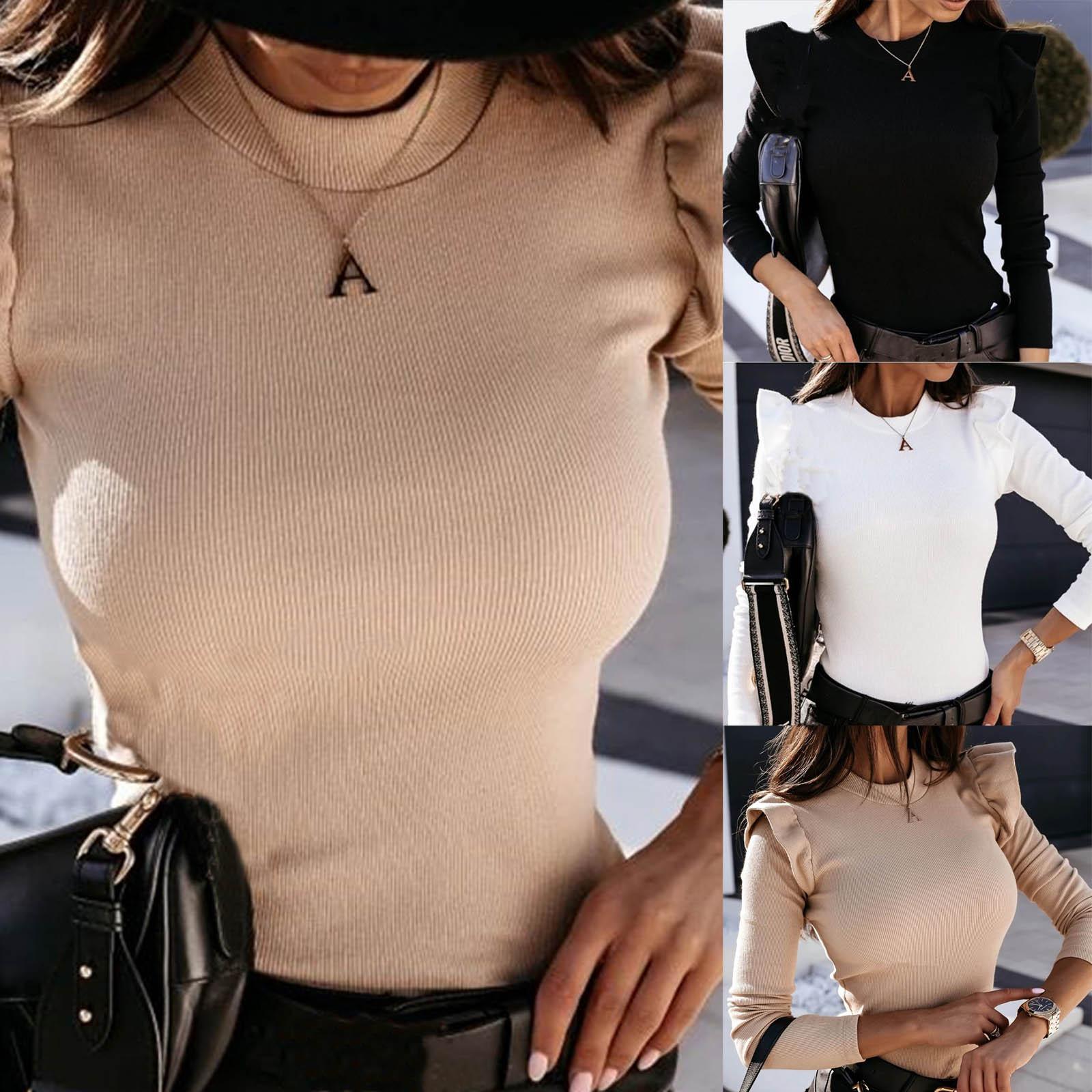

Женская мода однотонный вязаный топ с длинными рукавами Slim Fit с летающими рукавами
