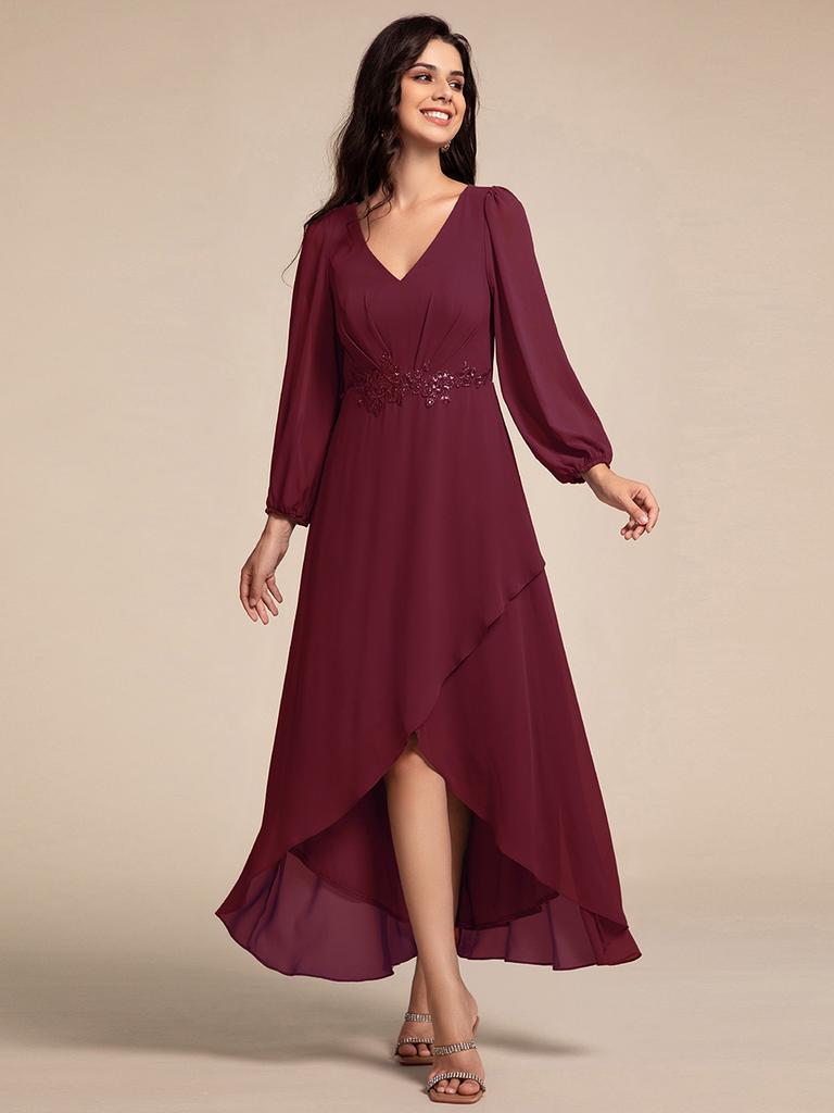 Ever-Pretty Women's Waist Applique Lantern Sleeve Chiffon Evening Dresses with Asymmetrical Hem