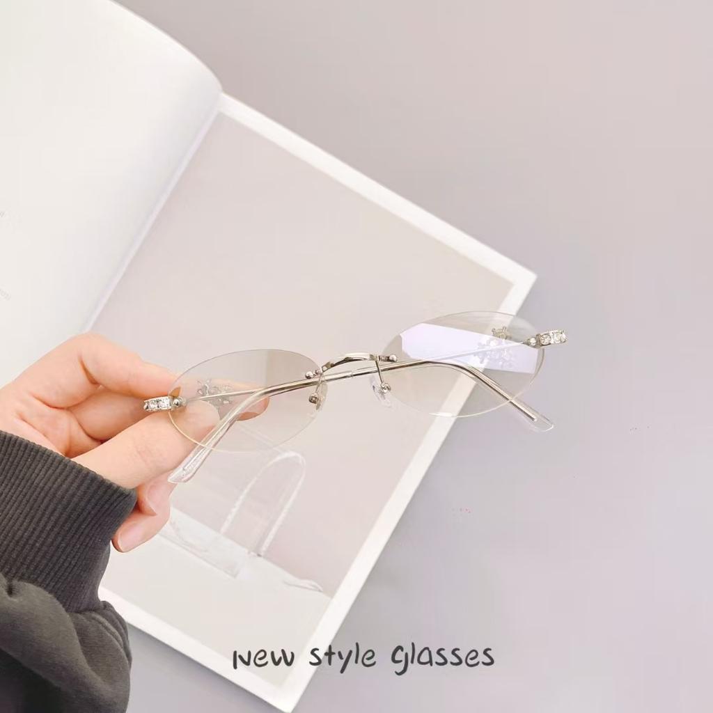 Korean Fashion Women'S Sunglasses Oval Shape Rimless Anti-Glare Sun Glasses Women Rhinestone Decoration Female Sunglass