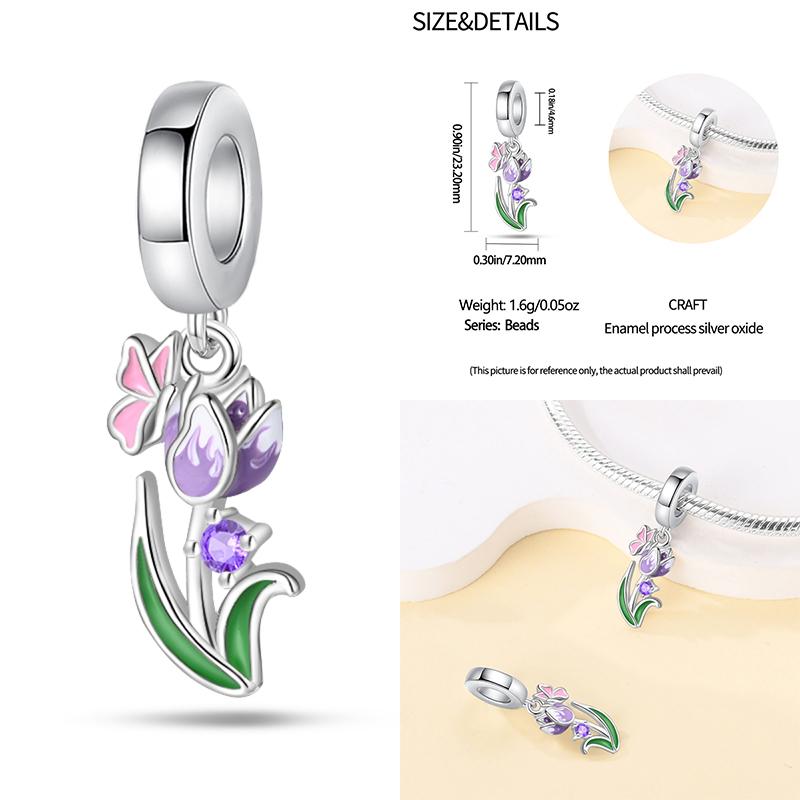 Copper Lavender Tulips Pansy Iris Charm Beads Colorful Flower Dangle Fit Original Bracelet Diy Jewelry Gift
