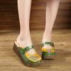 Chinelos de plataforma de couro genuíno estilo étnico pintados à mão fora cunhas slides sapatos femininos retro