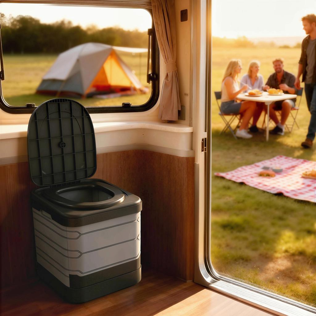 Camping toilet, foldable travel toilet up to 150 kg, with 12 coagulant powder packets, 12 disposal bags, 42 x 46 x 43.5 cm, grey