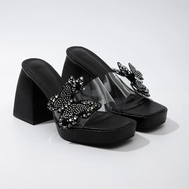 

Fashion Crystal Pearl Butterfly Bling Sandals Chunky Heel Platform 9.5cm High Heels Slip On Clear PVC Women Slipper Fashion Shiny Slides 35 чёрный