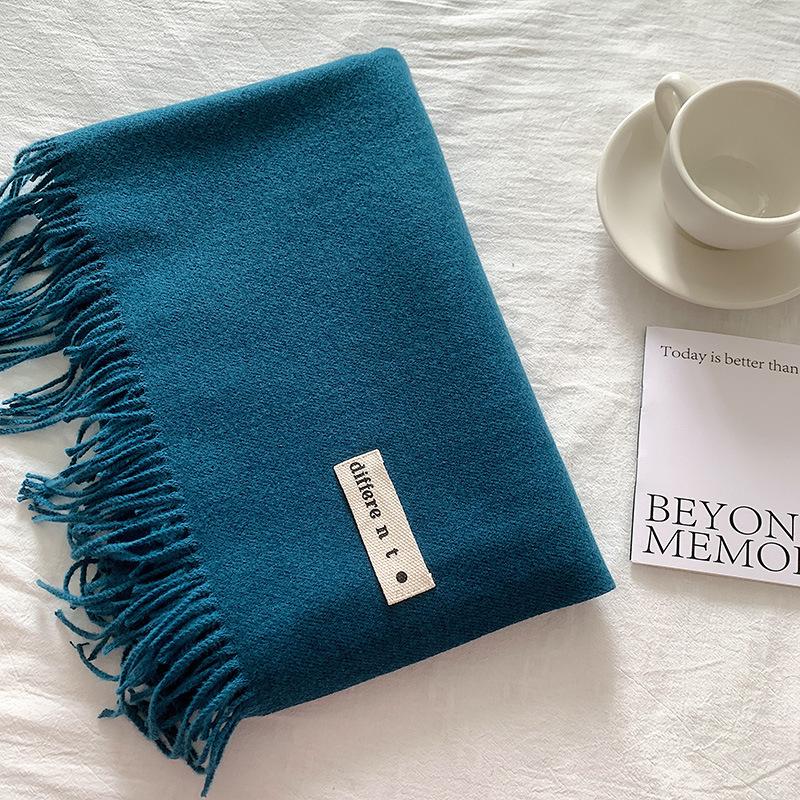Flowing Fringe, Color-blocked, Simple Design, Faux Cashmere-like Scarf, Winter-thick, Cape-style, Student-friendly, Solid Color.
