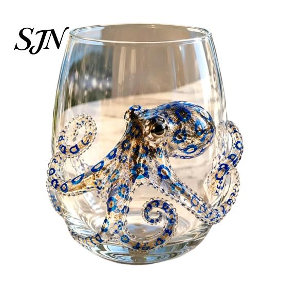 Transparent Octopus Motif Glassware 12oz Water Cup, Embossed Design, Hand Painted Marine Style Sophisticated Coastal Drinkware Drinking for