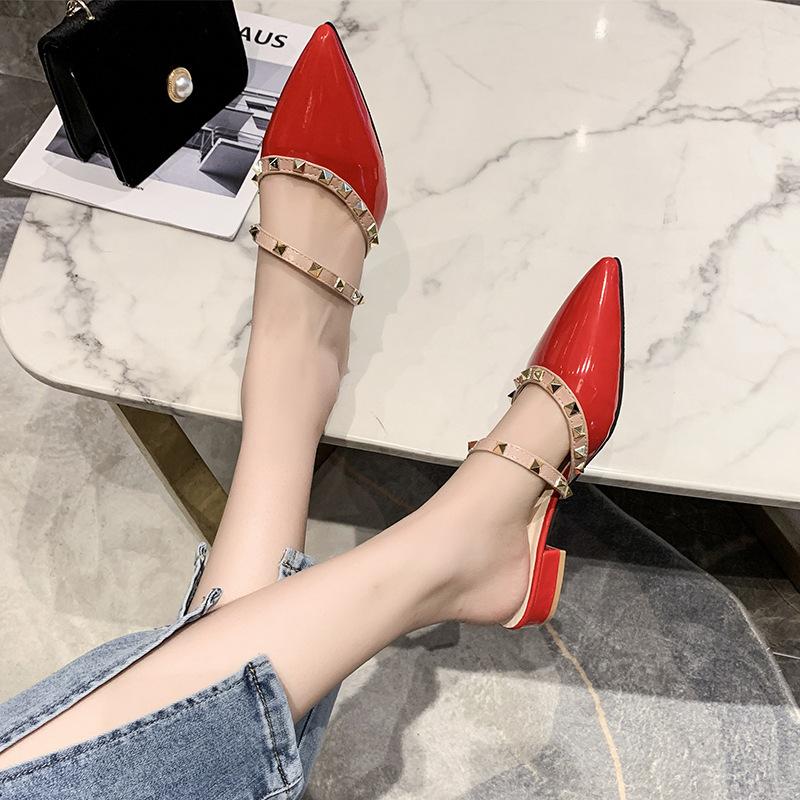 

2025 summer new fashion rivet bag head half slippers women wear versatile low heel pointed thick heel cool slippers 40