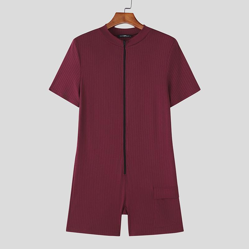 INCERUN Men Short Sleeve Zip-up Rib Jumpsuits Rompers Underwear