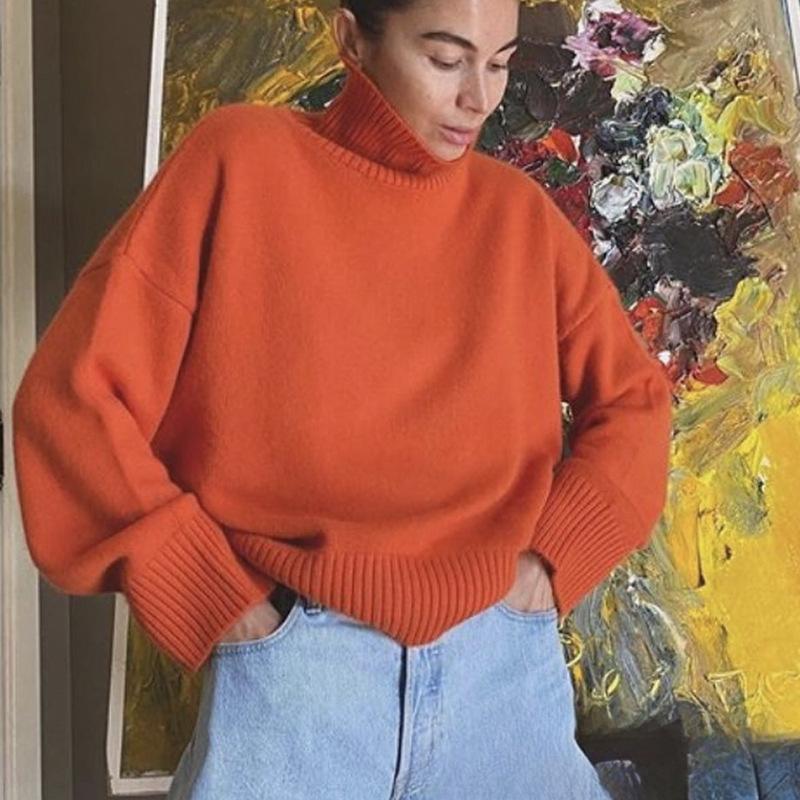 Warm Elastic Sweaters Autumn Winter Women's Turtleneck Knitted Sweater Oversize Long Sleeve Loose Pullover Tops Streetwear Soft