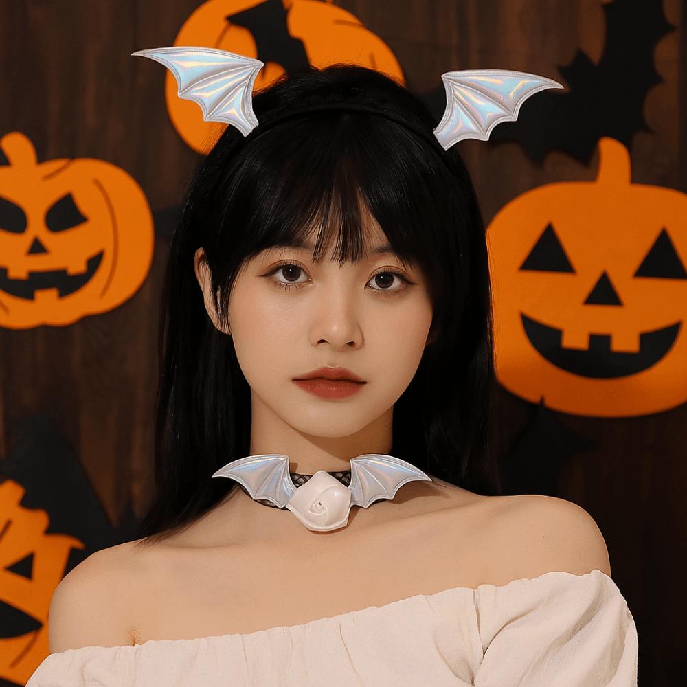 Flower Headband Necklace Set Mesh Halloween Hair Hoop Cute Bat Wings Hairband  Women