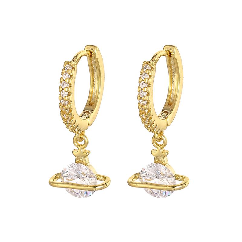 ANENJERY Zircon Star Planet Hoop Earrings Female Light Luxury Handmade Golden Earrings