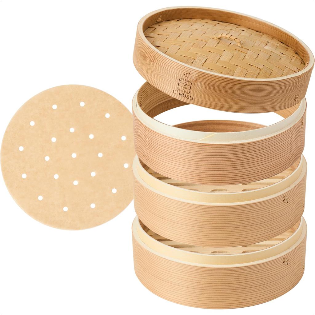 Ocrasi Cedar Steamer Set Steamer 21cm 4 Tier Set Steamer X Bottomless Includes 25 Steaming Sheets (Lid, 2, Steamer)